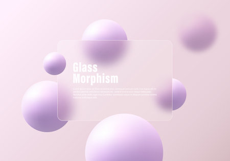 Glass morphism website landing page template. Frosted glass partition with floating spheres.のイラスト素材