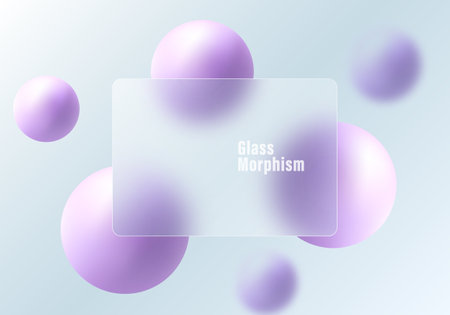 Glass morphism website landing page template. Frosted glass partition with floating spheres.のイラスト素材