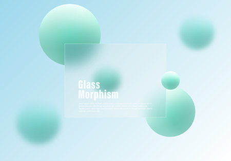 Glass morphism website landing page template. Frosted glass partition with floating spheres.のイラスト素材