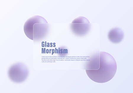 Glass morphism website landing page template. Frosted glass partition with floating spheres.のイラスト素材