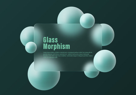 Glass morphism design with frosted glass partition and floating spheres on a dark background.のイラスト素材