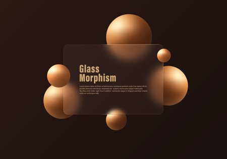 Transparent frosted glass banner with golden spheres on dark background. Landing page design template.のイラスト素材
