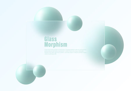 Gradient light background with transparent rectangular partition and floating green spheres.のイラスト素材