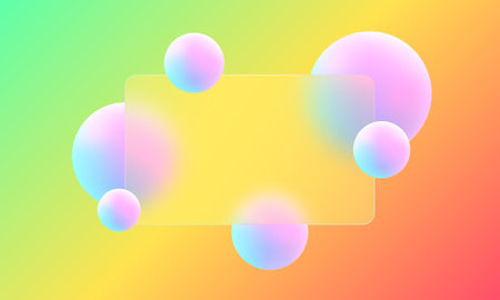 Glass morphism landing page template. Transparent template rectangular glass partition and 3D spheres.のイラスト素材