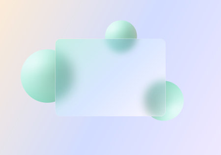 Glass morphism, vector website landing page template. Frosted glass partition with floating mint spheres.のイラスト素材