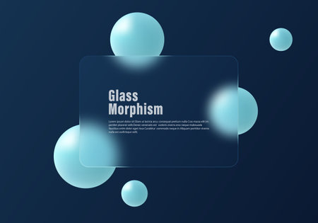 Glass morphism website landing page template. Gradient background in dark blue color with glass partition and levitating spheres.のイラスト素材