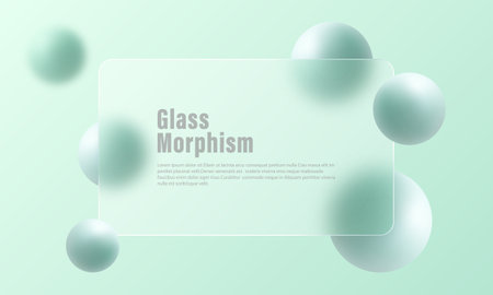 Glass morphism website landing page template. Frosted glass partition with gradient green levitating spheres.のイラスト素材