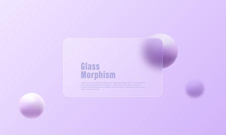 3d trendy and futuristic glass morphism website landing page template. Frosted glass partition with floating spheres.のイラスト素材