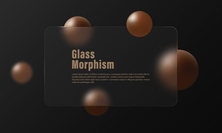 Glass morphism website landing page template. Graphite background with glass partition and mocha colored floating spheres.のイラスト素材