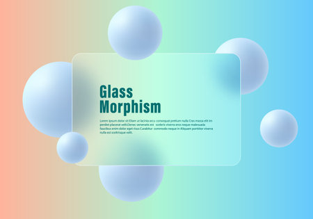 Gradient background with translucent glass partition with floating light blue spheres.のイラスト素材