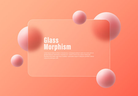 Glass morphism website landing page template. Gradient background with glass partition in the center and floating spheresのイラスト素材