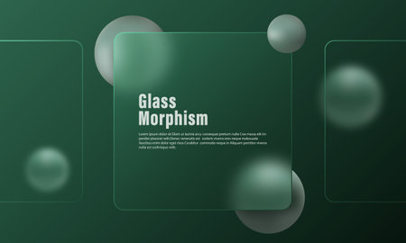 Website landing page template with glass morphism effect. Presentation carousel with glass overlay effect on floating gradient spheres. Frosted glass effect on dark background.のイラスト素材