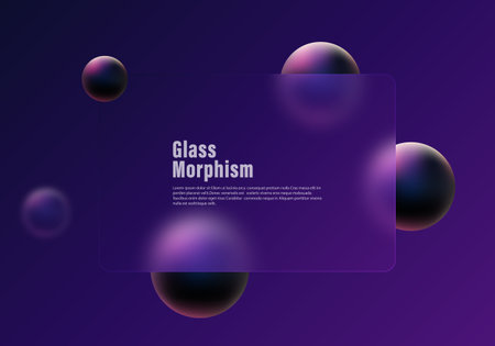 Glass morphism with frosted glass partition and floating blue spheres on a dark background.のイラスト素材