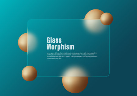 Website landing page template with glass morphism effect. Presentation screen with glass overlay effect on floating gradient spheres.のイラスト素材