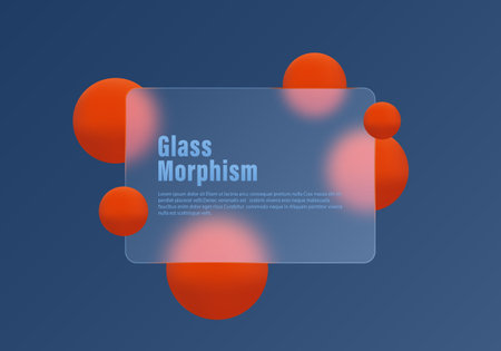 Gradient background with transparent partition and floating orange spheres in glass morphism style. Website landing page template.のイラスト素材