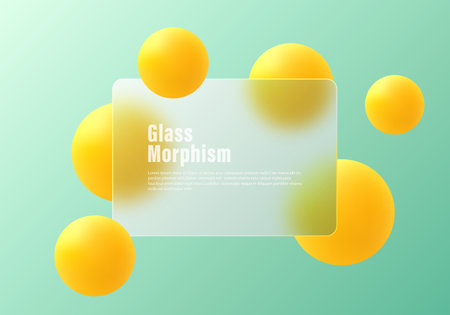 Glass morphism style background. Website landing page template. Partition with floating yellow spheres.のイラスト素材