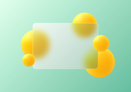 Trendy vector background in glass morphism style. Website landing page template. Frosted glass partition with floating yellow spheres.のイラスト素材