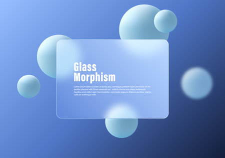 Trendy website landing page template in glass morphism style. Imitation of transparent glass panel with the effect of superimposition on volumetric gradient spheres.のイラスト素材