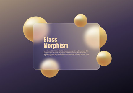 Vector image in the style of glass morphism. Gradient background with glass imitation panel and golden spheres.のイラスト素材