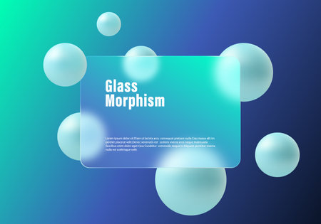 Website landing page template with glass morphism. Presentation screen with glass overlay effect on floating gradient spheres. Frosted glass effect on gradient background.のイラスト素材