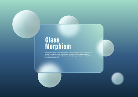Website landing page template in glass morphism style. Infarmation panel with glass imitation and gradient spheres.のイラスト素材