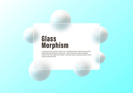 Glass morphism website landing page template. Gradient vector background with glass partition and floating spheres.のイラスト素材