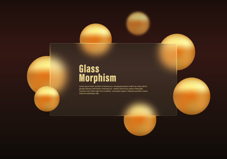 Illustration of floating golden spheres on dark background with transparent material information panel. Glass morphism style website landing page template.のイラスト素材
