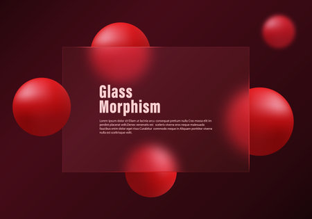 Dark gradient background with red spheres and transparent material panel. Abstract background in glass morphism style.のイラスト素材