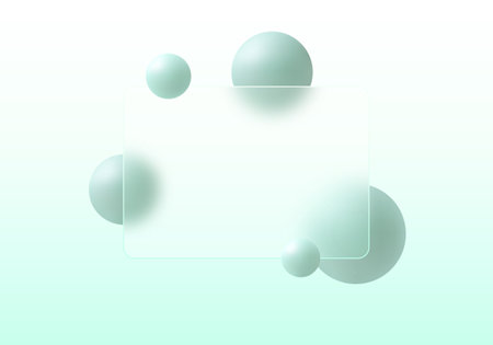 Glass morphism abstract layout with translucent panel and soft green 3D spheres on light mint gradient background, minimal clean modern vector design.のイラスト素材