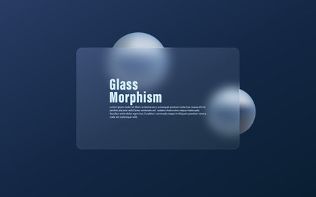 Minimalistic vector illustration with dark gradient background, 3D spheres and translucent matte panel. Glass morphism style website landing page design template.のイラスト素材