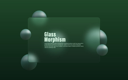 Minimalistic vector illustration with dark gradient background, 3D spheres and translucent matte panel. Glass morphism style website landing page design template.のイラスト素材
