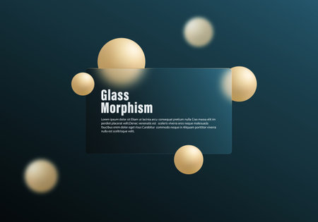 Glass morphism panel with soft blur on dark teal background and floating beige spheres, elegant futuristic interface layout.のイラスト素材