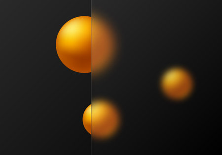 Minimalist glass panel dividing glowing orange spheres on a black background, modern vector layout with depth and blur effectのイラスト素材