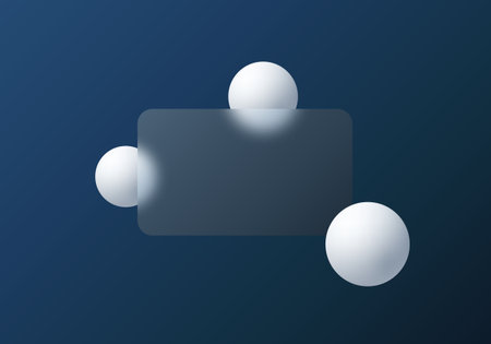 Glass morphism rectangle on dark blue background with white matte spheres, minimalist vector layout with soft blur and depthのイラスト素材