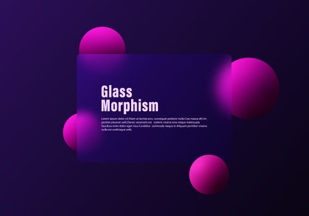 Glass morphism panel with vibrant blur effect on dark violet background and neon pink spheres.のイラスト素材