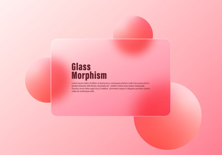 Coral spheres and transparent panel on light pink gradient. Glass morphism style background for landing pages and mobile design.のイラスト素材