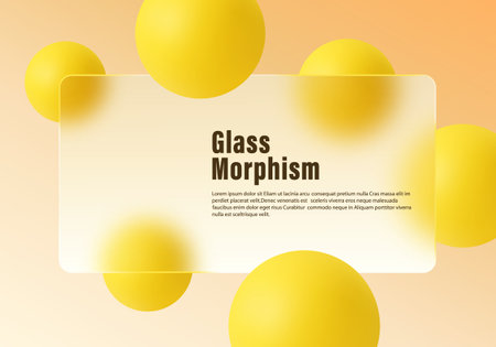 Trendy glassmorphism layout with frosted white panel and vibrant yellow 3D spheres on warm peach background, ideal for digital design or UIのイラスト素材