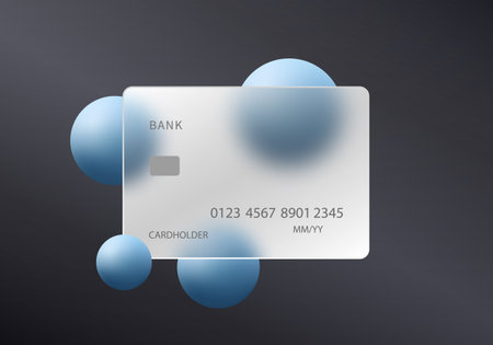 Glass credit card with floating blue spheres on dark backgroundのイラスト素材