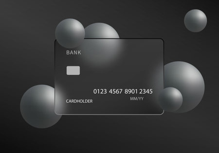 Dark glass credit card with silver spheres on black backgroundのイラスト素材