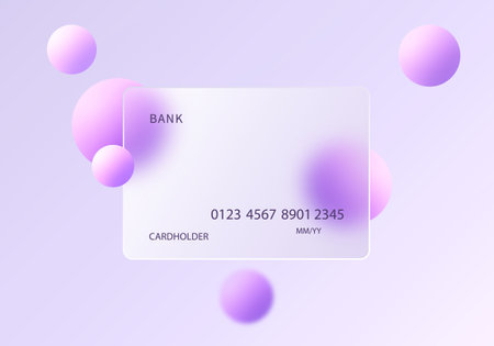 Vector bank card in glass morphism style with purple floating spheres.のイラスト素材