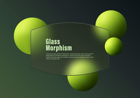 Modern composition in glass morphism style with glowing green spheres and transparent panel on dark gradient background, vector illustrationのイラスト素材