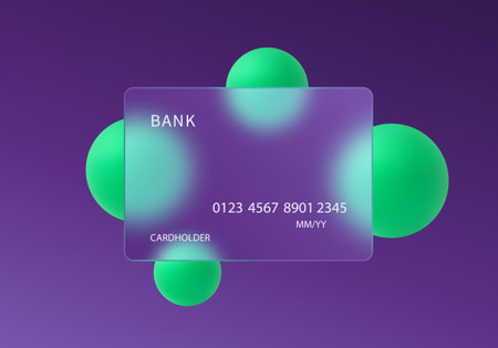 Bright vector illustration of transparent credit card with floating neon green spheres on dark purple gradient background.のイラスト素材