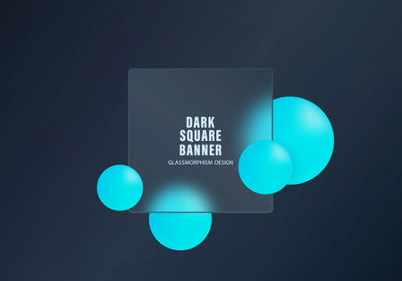 Dark glassmorphism square banner with blue spheresのイラスト素材