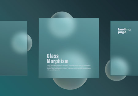 Modern glassmorphism style landing page design with frosted transparent panel and soft teal 3D spheres on a dark gradient background.のイラスト素材