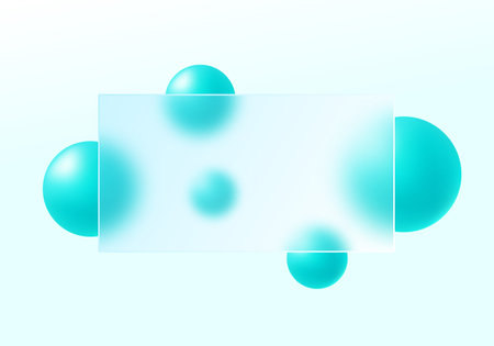 Bright minimal layout with turquoise glowing spheres and frosted glass panel on a clean aqua gradient, perfect for wellness, eco and tech projects.のイラスト素材