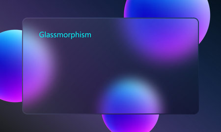 Modern dark glassmorphic background with glowing neon spheres in blue and purple tones, perfect for futuristic web design.のイラスト素材