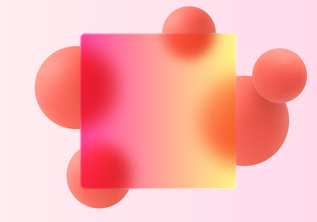 Bright glassmorphism banner with red and yellow gradient spheres and square panel on pink background for digital and web designのイラスト素材