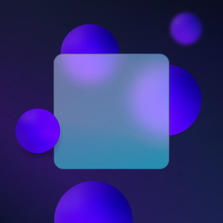 Futuristic square UI panel in glassmorphism style with deep purple gradient spheres and a smooth blue blurred background.のイラスト素材