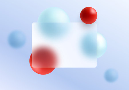 Minimal abstract layout with a white frosted rectangle and glossy red and blue spheres on a soft gradient background. Elegant modern design.のイラスト素材