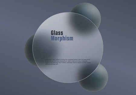 Abstract composition with a frosted circular glass panel, soft blue gradient background and translucent spheres in modern glassmorphism styleのイラスト素材